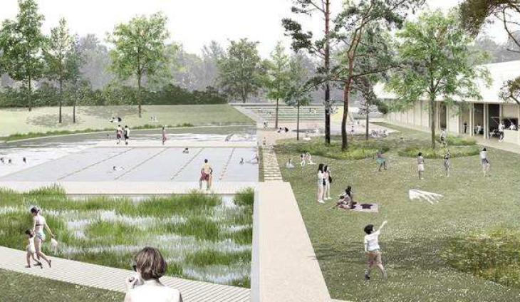 Toekomstbeeld van het nieuwe openluchtzwembad in het Provinciedomein Kessel-Lo