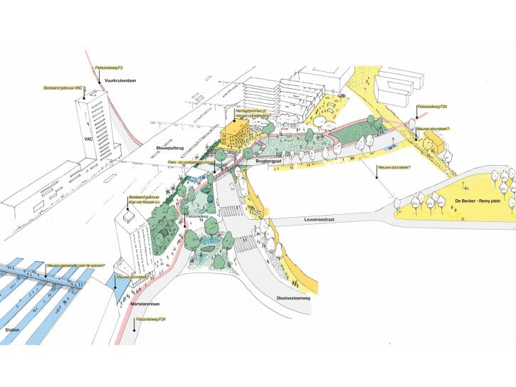 Tekening met inplanting gebouwen en wegen uit het wedstrijdontwerp.